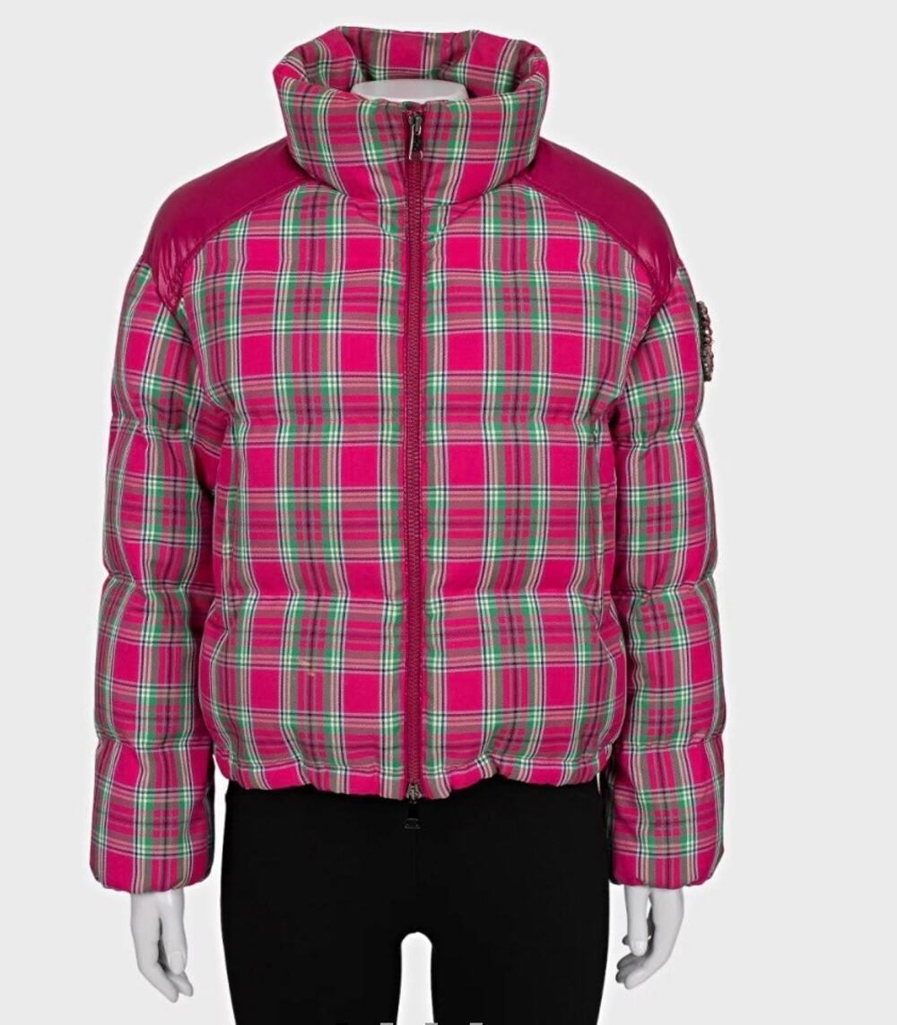Moncler Pink Plaid Down Puffer Jacket Crystal Detail XXS US 0